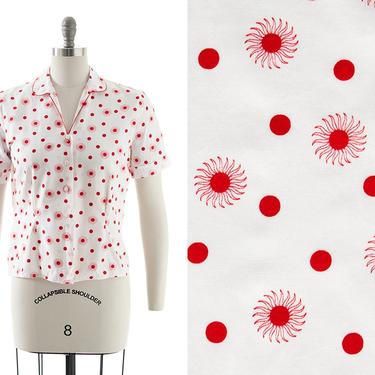 Vintage 1950s Blouse | 50s Floral Polka Dot Printed Cotton White Red Peter Pan Collar Short Sleeve Shirt Button Up Top (medium/large) 