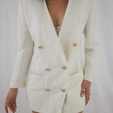 Vintage Cream Linen Double Breasted Blazer Jacket - S/M 
