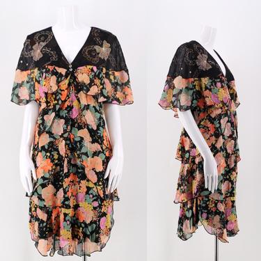 80s HOLLY HARP floral silk chiffon dress sz m / vintage 1980s tiered fluttery metallic embroidered dress 