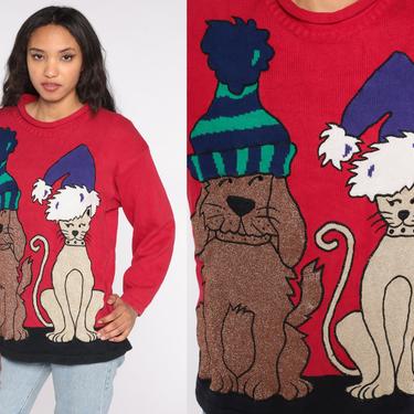 Christmas Sweater 90s Holiday Sweater Pets Dog Cat Ugly Xmas Sweater Sparkly Metallic Glitter Santa Hats Sweater Red Winter Sweater Small S 