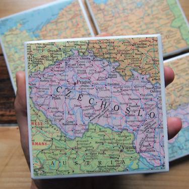 1967 Poland &amp; Czechoslovakia Vintage Map Coasters - Ceramic Tile Set of 4 - Repurposed 1960s Rand McNally Atlas - Handmade - Prague Krakow 