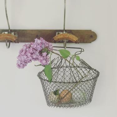 Beautiful old French metal wire collapsible eggs basket, salad basket 