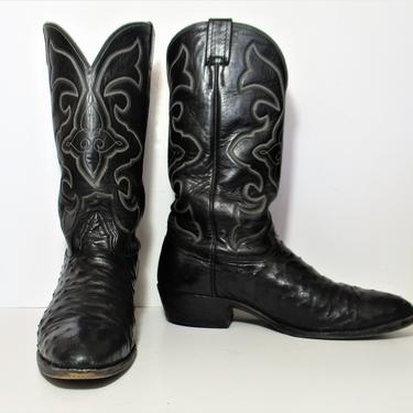 Vintage Larry Mahan Black Ostrich Cowboy Boots, Size 9.5D Men 
