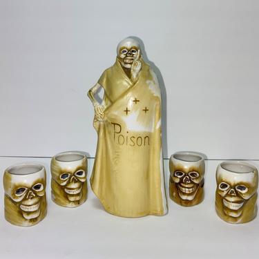 Vintage Grim Reaper Skull Skeleton Sake Decanter Poison Bottle Shot Glass Set Japan Ceramic 