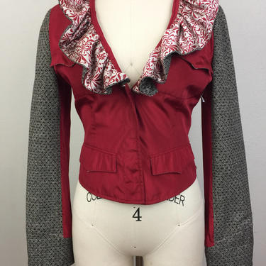 Vintage 90s ETRO Red Ruffle Mix Print Jacket Designer Blazer S 
