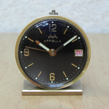 Petite Apella Swiss Brass and Black Alarm Clock with Date 