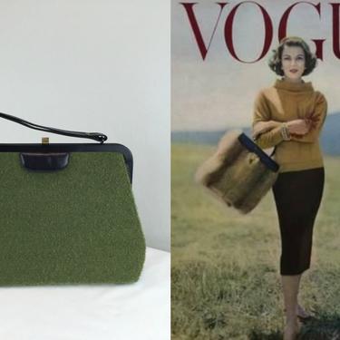 Non City Dressing - Vintage 1950s 1960s Moss Green Boucle Fabric Black Patent Leather Handbag Purse 