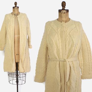 Vintage 80s Sweater Knit Coat / 1980s Thick &amp; Warm Ivory Wool Cable Knit Belted Jacket by luckyvintageseattle