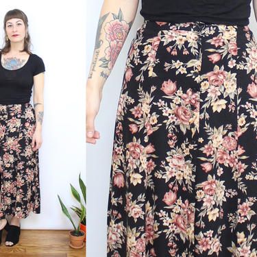Vintage 90's Dark Floral Midi Skirt / 1990's Button Front Rayon Skirt / Spring Floral / Women's Size XS - Small 