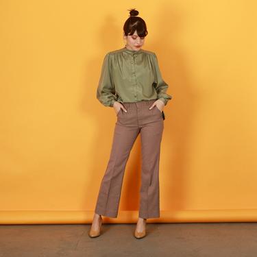 70s Khaki Flared Knit Pants Vintage Beige High Waisted Long Trousers 