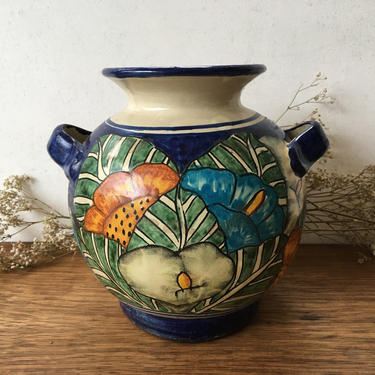 Vintage Mexican Hand Painted Vase With Handles, Signed Pottery By E. Alva, Talavera Style Red Clay Vase, Calla Lily Floral Design 