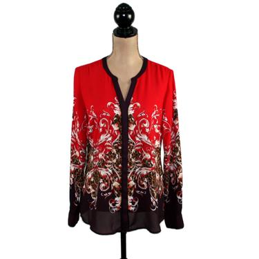 Cheetah Print Baroque, Silky Polyester Long Sleeve Blouse, Collarless Button Up Shirt Women, Purple Red Colorblock Top, Vintage Clothing 