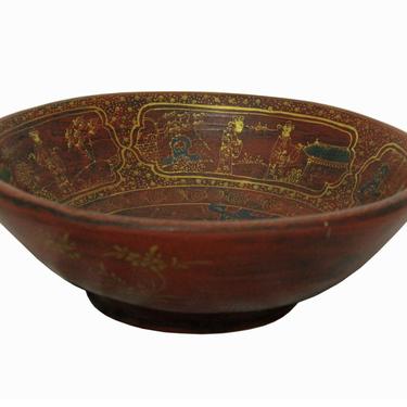 Handmade Vintage Reproduction Chinese Red Wood Bowl With Gold Painted Filial Piety Story n200E 