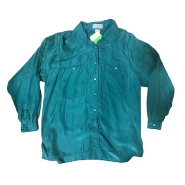 (L) Point &amp; Line Silk Teal Button Up Shirt 071721 LM