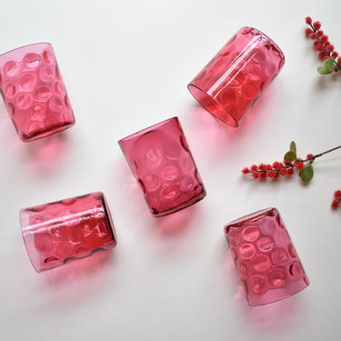 Vintage Tumblers | Fenton Cranberry Glass Thumbprint Pattern | Pink Rose Antique Glassware | Water Old Fashioned Whiskey Cocktail Barware 