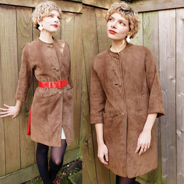1960s Brown Suede Button Down Jacket / 60s Mod Collarless Coat Red Patent Leather Belt / Small / Tilda 