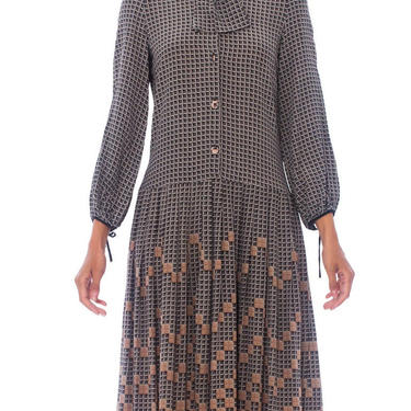 1970S Silk Crepe De Chine Bow Neck Drop Waist Geometric Printed Dress From Paris 