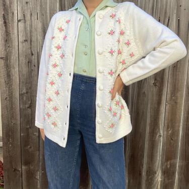 1960s pink floral acrylic white cardigan 