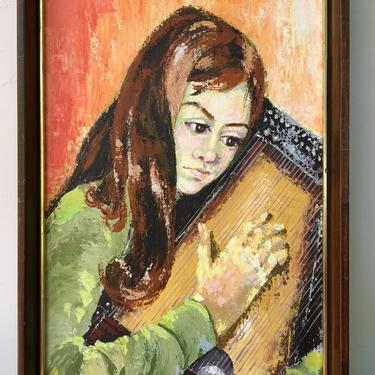 Mid Century Modern, Portrait Of Girl Playing Auto Harp, Musical Girl Original Signed Painting, Signed Framed Art 