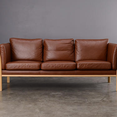 Danish Modern Sofa Saddle Brown Leather and Beech 