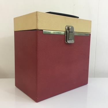 Vintage Wooden 45 Box Record Case Holder Storage Mid-Century Retro Vinyl Records Music Musical Red Beige Black Plastic Handle Wood 