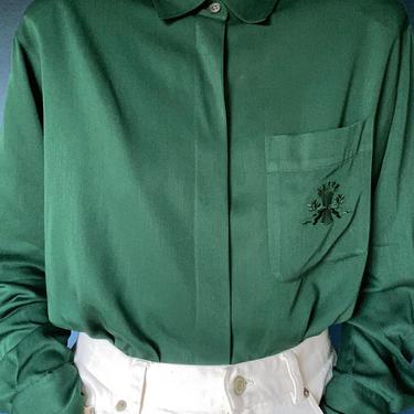 vintage deep green button down rayon blouse size US 14 