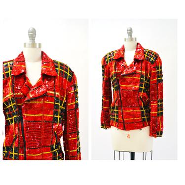 80s 90s Vintage Red Sequin Jacket Size XS Small in Red Black Tartan Plaid by Modi Sequin Christmas Holiday Jacket Sequin Motorcycle Jacket 