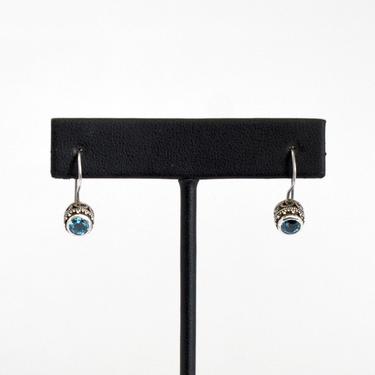 70's sterling blue topaz Bali style rigid tribal dangles, dainty Byzantine beaded 925 silver blue gemstone hippie drop basket earrings 