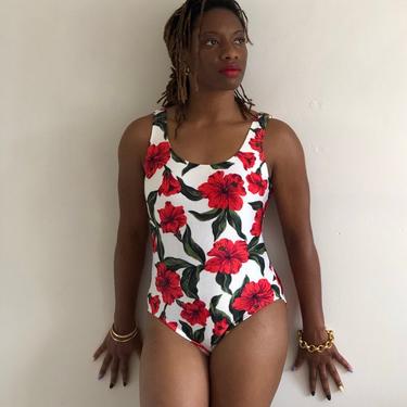 90s floral swim suit bathing suit / vintage white red hibiscus floral ribbed maillot tank one piece swimsuit bodysuit | S 