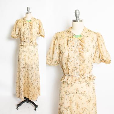 Vintage 1930s Dress Swiss Dot Floral Semi-Sheer Cotton Floral Small S 