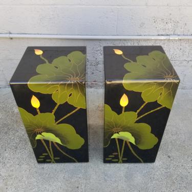 Pair Asian Floral Lacquer Stools or Pedestals 