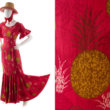 Vintage 1960s Holomu‘u Dress | 60s Pineapple Fruit Novelty Print Hawaiian Cotton Pink Bell Sleeve Mermaid Maxi Tiki Hostess Gown (medium) 