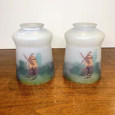 Vintage Lamp Shades Reverse Painted Windmill Country Scenery 
