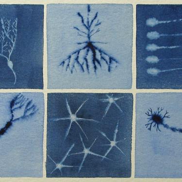 Blue Neurons  - original watercolor of brain cells 