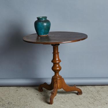 Round Teak Side Table with Turned Base and Scrolled Feet