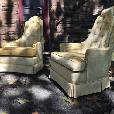 pair high back yellow striped upholstered armchairs