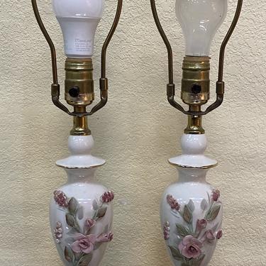 Item #DMC366 Pair off Vintage Porcelain Lamps w/ Flowers c.1960