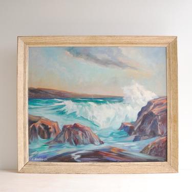 Vintage Ocean Painting of Waves Crashing on Rocks, Original Signed Seascape Painting, Framed Oceanscape Painting 