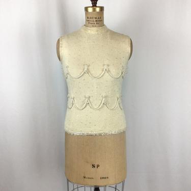 Vintage 60s Sweater | Vintage ivory wool beaded embroidered Top | 1960s Sleeveless beaded sequins sweater jumper 