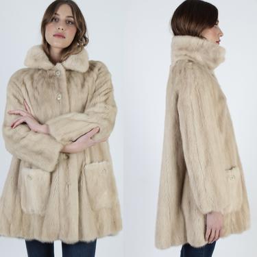 Womens Blonde Button Down Mink Coat / Vintage 70s Beige Fur Jacket / Genuine Plush Ivory Fur Under Collar / Red Carpet Opera Jacket 