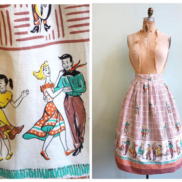 Vintage 1950's Western Dance Novelty Print Skirt | Size Medium 