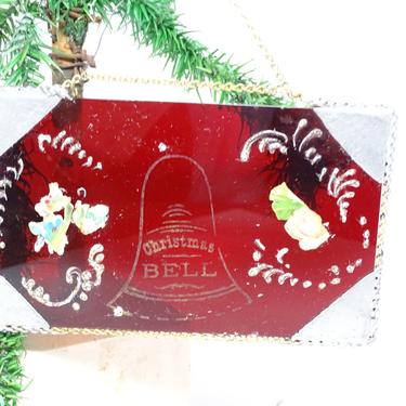 Antique Victorian Ruby Glass Christmas Ornament with Die Cut Scraps, Hand Painted Trim,  Vintage Bell Tree Decor 