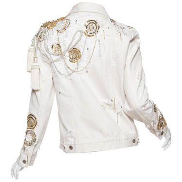 Morphew Collection X Unleashed White Cotton Denim Gold Sequin, Lace  Crystal Embellished Jean Jacket 