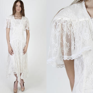80s White Gunne Sax Hanky Hem Dress / 1980s Romantic Floral Lace Dress / Deco Bridal Drop Waist Wedding Tea Lawn Maxi Dress 