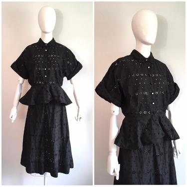 Vintage 1940s Peplum Black Eyelet Dress Set 40s Blouse Shirt Top And Skirt Summer Suit 