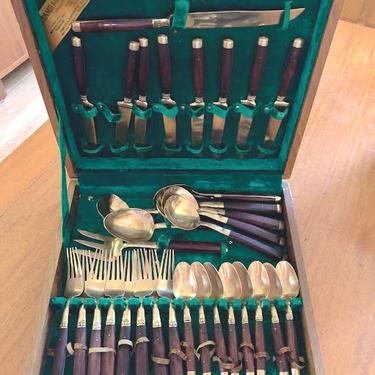 Vintage Mid Century Thai Bronze Rosewood Flatware Set Service for 8 with 37 Pieces in Wood Storage Box 