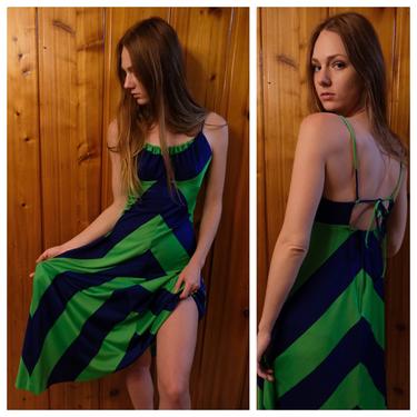 1970s Open Back Sundress / Chevron Striped Crisscross Back Ties / Cut Out Halter Dress / Kelly Green and Navy Blue Stripes 