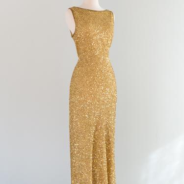 Old Hollywood Inspired Golden Beaded Silk Bias Cut Beaded Evening Gown /ML