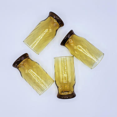 FREE SHIPPING! Vintage Amber Swirl Glasses | Set of 7 Medium Footed Juice Glass | MCM Colored Glassware Drinkware Barware 