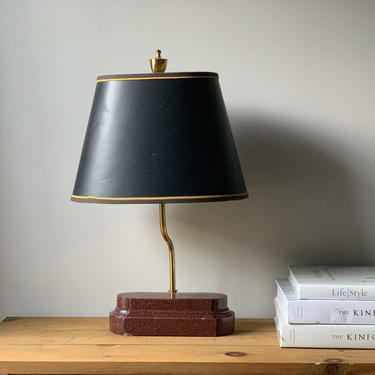 Vintage Burgundy Red Marble Brass Desk Lamp with Shade 